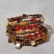 Bohemian-Style Multi-Strand Wrap Bracelet Warm Earthy Tones Wood  Glass Beads