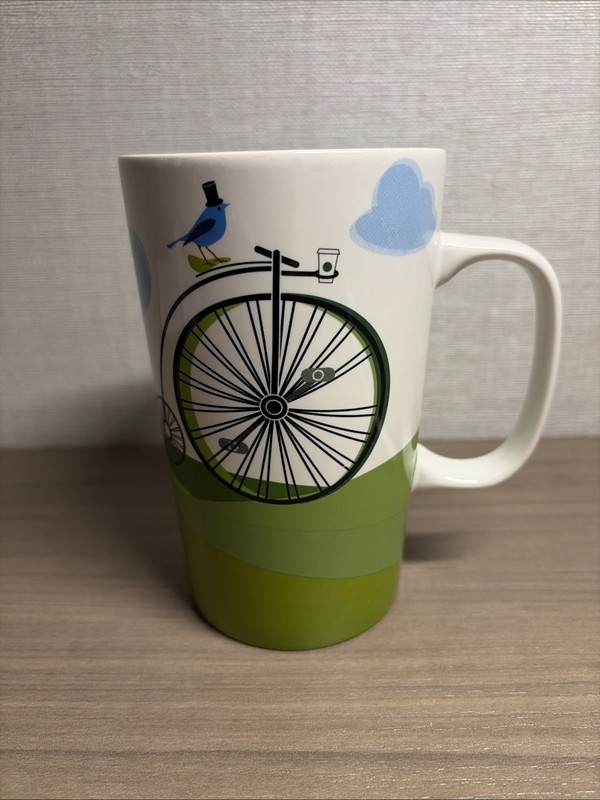 Starbucks 2014 Penny Farthing Bicycle Blue Bird Tall Coffee Mug Cup 16 oz