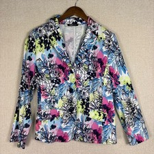 Frank Walder Womens Floral Blazer Jacket Multi-Color Cotton Blend Size 14