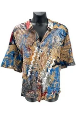 Attitudes by Renee Button Front Printed Shirt Jacket Taupe Origami