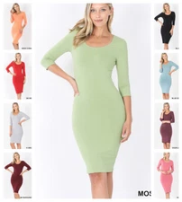 WOMEN COTTON SPANDEX SCOOP NECK 3/4 SLEEVE TANK BODYCON PENCIL MIDI DRESS S-XL