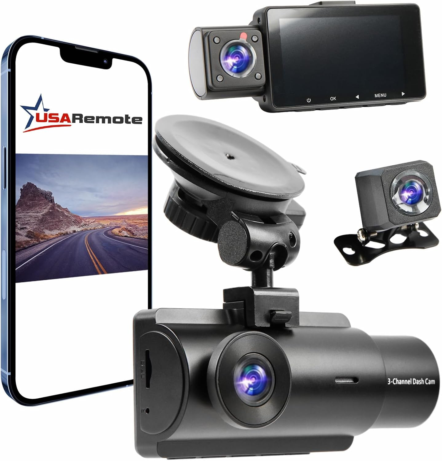 3-Channel Dash Cam with WDR 1440P Front, 1080P Rear, Inside, 3-Inch Screen, G-Sensor