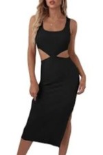 Cutout Waist Black Sleeveless Midi Dress With Back Slit Size S
