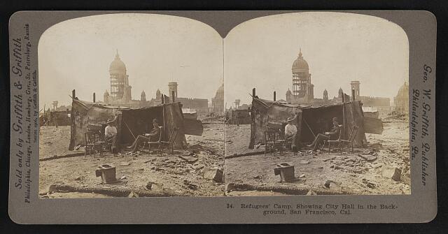 Refugees' camp showing City Hall background San Francisco California Old Photo