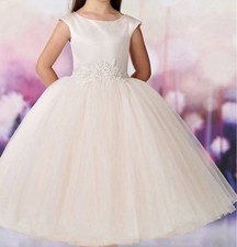 Ivory Ball Gown Girls' Formal Dress Satin Tulle Floral Waist Bow Party Wedding