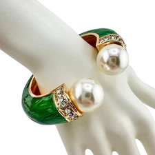 Chunky Faux Pearl Rhinestone Green Swirl Enamel Hinged Cuff 6.25" Bracelet