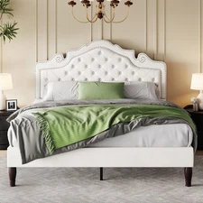 Queen Size Bed Frame with Adjustable Headboard/Velvet Upholstered/Diamond Button