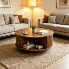 Lift Top Round Coffee Table with Hidden  Storage ,Fluted Center Table  Walnut