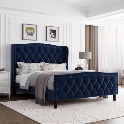 Full/Queen Size Upholstered Velvet Platform Bed Frames with Wing Side Headboard