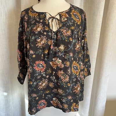 Natural Life Maribel Black Floral Boho Tunic Top M Women s Peasant Tassel Tie
