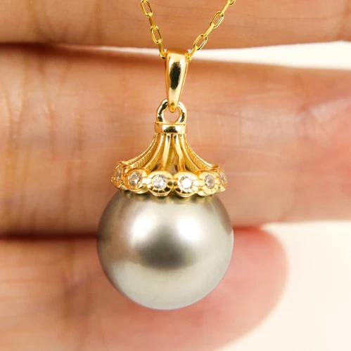12.8mm High Luster Round Tahitian Pearl Pendant, 18K Gold On S925 Silver #SP1970