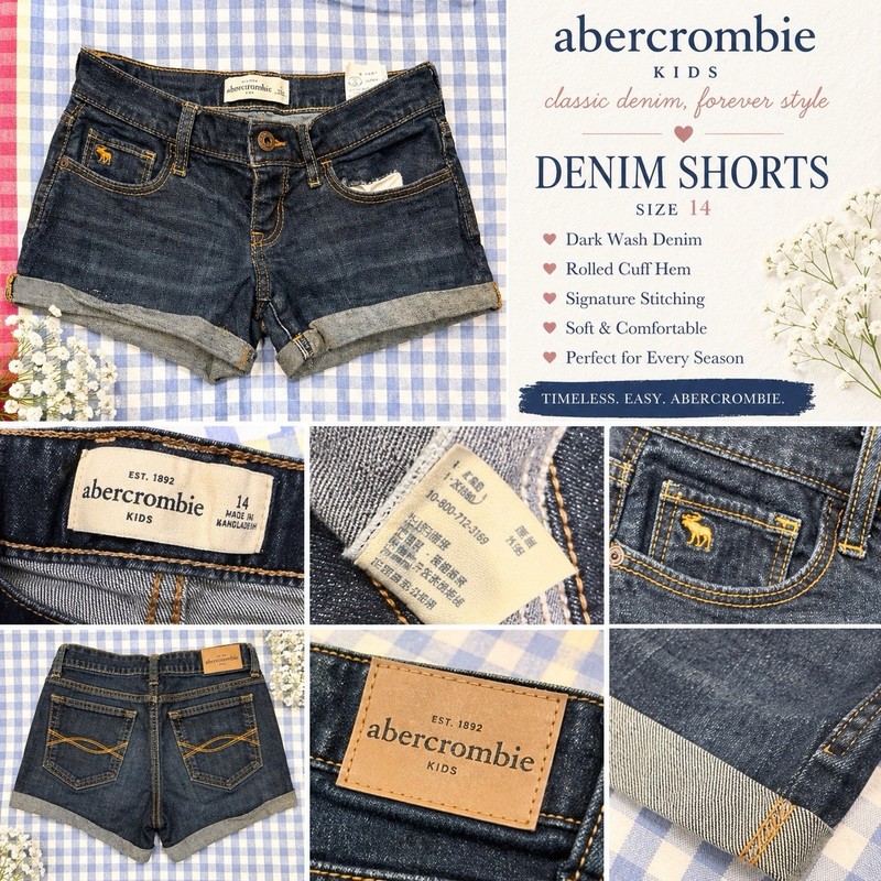 Abercrombie Kids Denim Shorts Size 14 Dark Wash Rolled Cuff Y2K Style Teen Jean 
