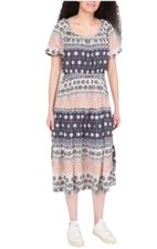 Dex Tiered Puff Sleeve Midi Dress Sz S Navy Peach Scoop Neck Peasant Boho Beach