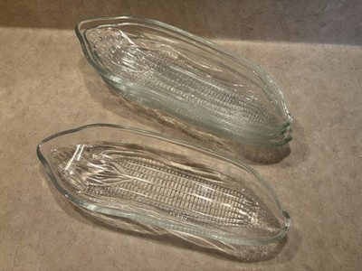 Set of 4 Clear Pressed Glass Corn Pattern Oval Corn Dishes