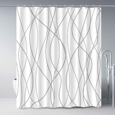 Grey and White Striped Polyester Shower Curtain for Bathroom with Hooks, Curt...