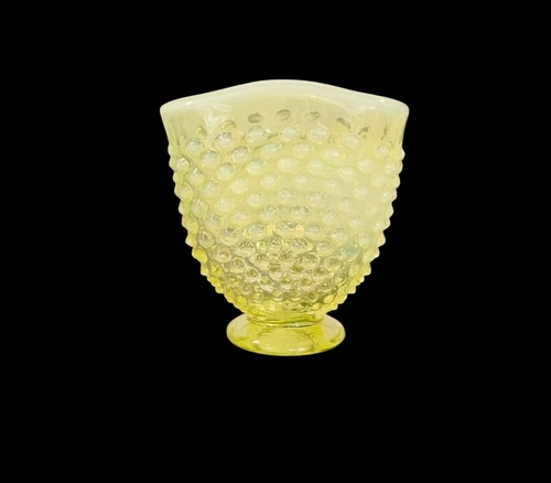 VTG Fenton Art Glass Hobnail Fan Vase Topaz Opalescent Glows 3.5” *As Is
