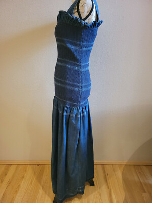 【Stella McCartney】 Denim maxi dress STELLA McCARTNEY Ruffled Sleeveless Smocked Dark Denim Maxi