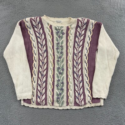 Vintage Casual Corner Sweater Womens XL Hand Knit Floral 90s Long Sleeve Granny