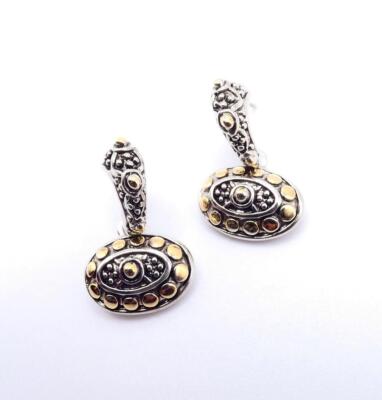 UNIQUE BALINESE Antique Silver Gold Dots Texture Oval 1'' Dangle Post Earrings