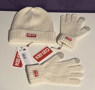Kenzo Paris Off White Beanie Hat Knit Wool Matching Gloves Lot Rare HTF