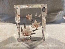 Rian Paperweight Reversed Carved Flowers in Lucite 4" Tall x 3" x 1 3/4"