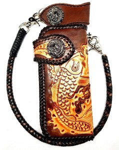 Biker-Chain-Wallet-trucker-Koi-Fish-Tattoo-tooled-engraved-motorcycle-Leather