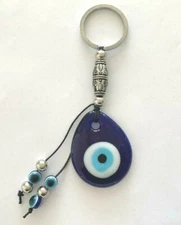 Evil Eye Greek Mati Nazar Key Ring Blue Glass 2 Tassels Beads Luck Protection