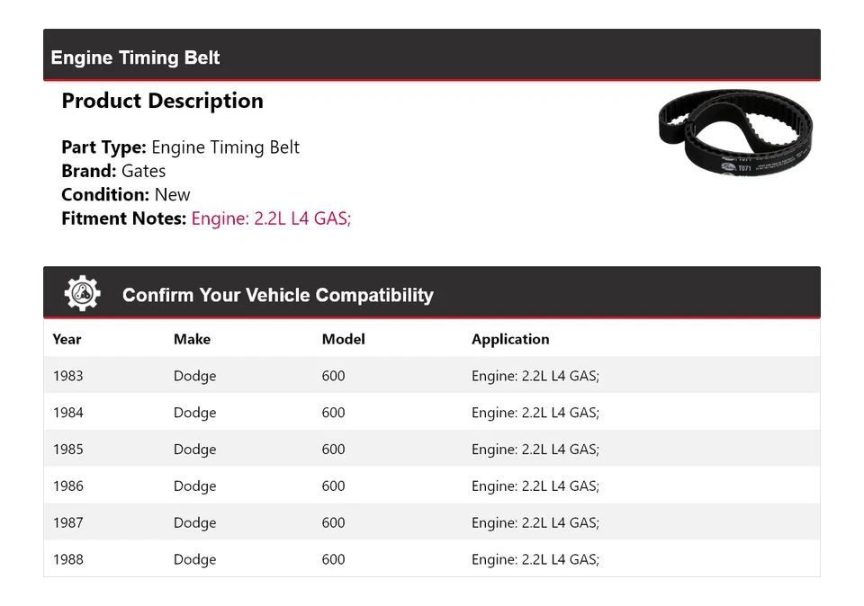 Ремень ГРМ для газового двигателя Dodge 600 2,2 л L4 1983-1988 годов выпуска ворота 1984 1985 1986 1987 годов выпуска - Изображение 2 из 4