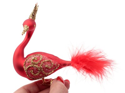 Czech red gold blown glass swan Christmas tree ornament feather tail