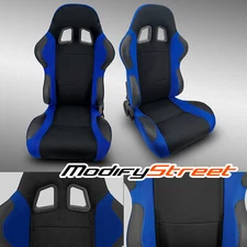 2 x BLUE+BLACK PINEAPPLE FABRIC/PVC LEATHER RACING BUCKET SEATS + SLIDER PAIR