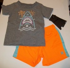 NEW HURLEY 24 months 2 pc set shorts short sleeve t shirt gray orange boys SHARK