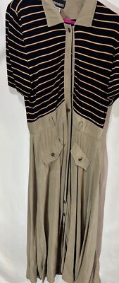 John Roberts Button Down Dress Womens Size 14 Brown Tan Striped