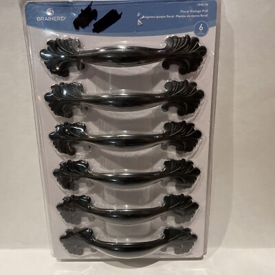 Lot of 6 Brainerd Drawer Pulls Cabinet Handles Vintage-Style Floral Black NEW