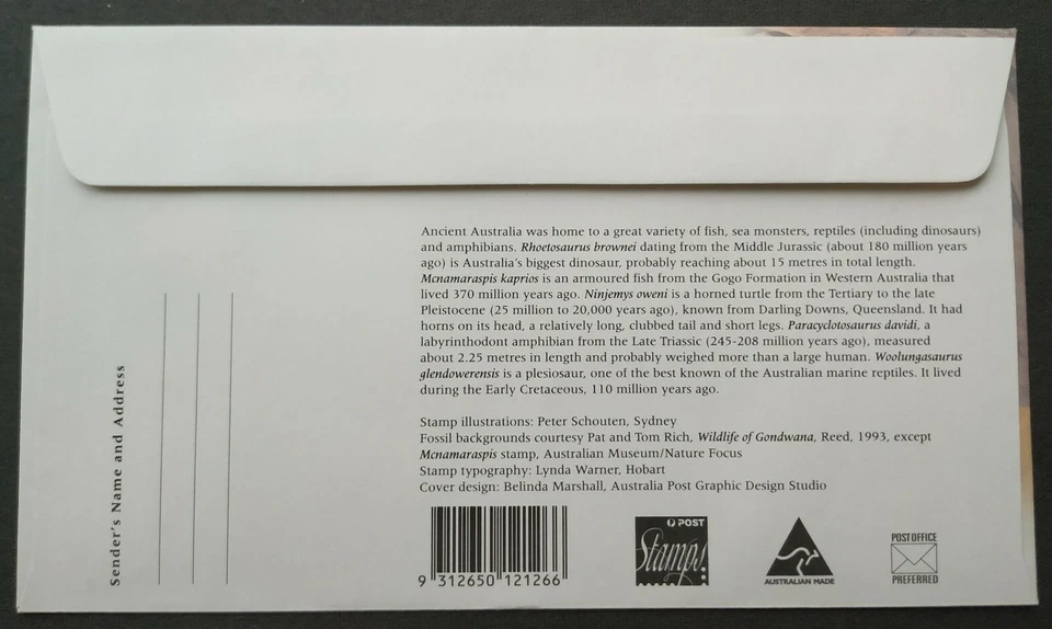 1997 Australia Ancient Wildlife Dinosaur Reptile Fish Turtle Stamps FDC 澳洲恐龙首日封 - Image 2 of 2