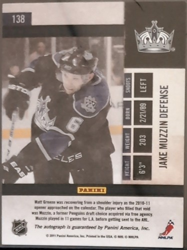 2010-11 PANINI CONTENDERS JAKE MUZZIN #138 ROOKIE AUTOGRAPH LOS ANGELES KINGS - Picture 2 of 2