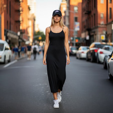 Women’s Black Bodycon Midi Dress Stretchy Spaghetti Strap Black Slit -NWT