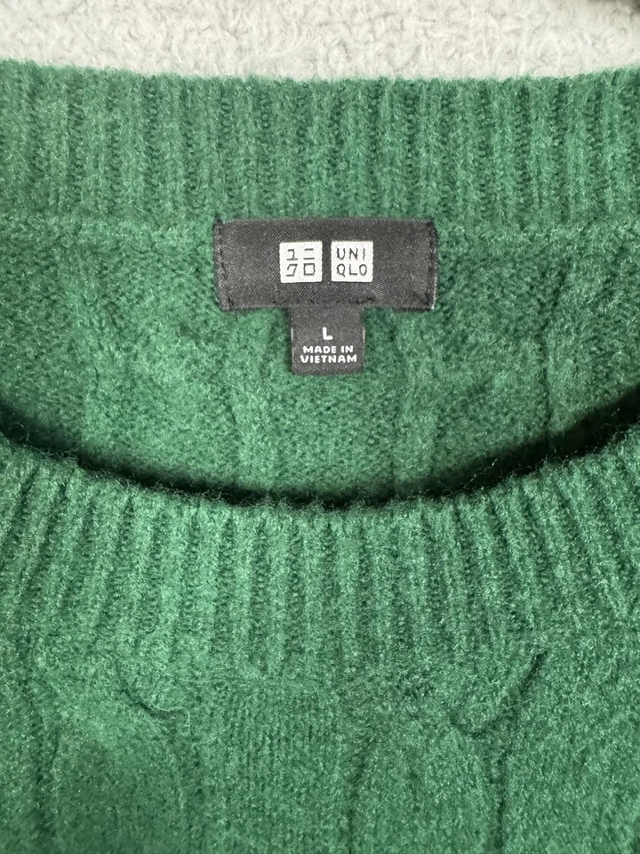 Suéter Uniqlo Para Hombres Grande Verde Tejido con Cable Pullover Mezcla de Lana Cuello Redondo Informal Foto 2 de 4