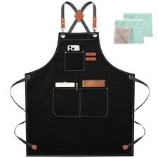 Chef Apron for Women Men with Large Pockets, Cotton Canvas Cross Back Black