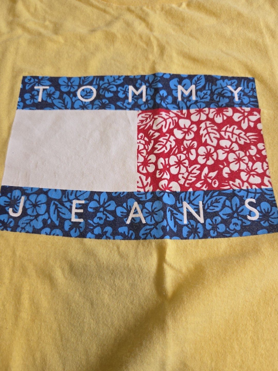 VTG 90s Tommy Hilfiger Jeans Floral Flag Shirt XL 26x33 Made in USA Yellow Tee image 3