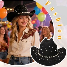 Women's Elegant Wide Brim Cowboy Hat with Faux Pearl Decoration Western Sun Hat