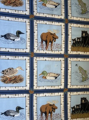 Wild Life Duck,Moose, Bear, Fish & Bird Cotton Quilt Fabric Panel 23  x 43  wide
