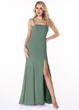 Azazie A-Line Side Slit Chiffon Dress Size A4 Womens Bridesmaid Eucalyptus