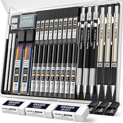 Nicpro 35PCS Art Mechanical Pencil Set, 3 PCS Metal Drafting Pencil 0.5 Mm & 0.7