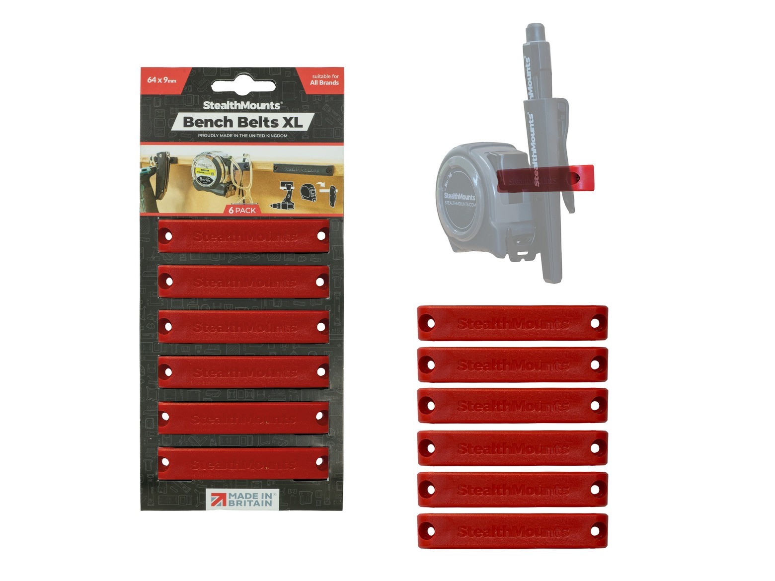 StealthMounts Bench Belts XL Tool Accessory Storage Mounts (6 Pack, Red)