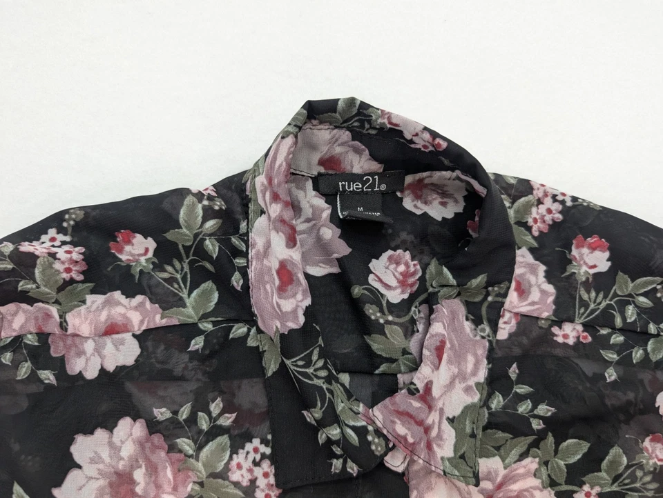 Rue21 Women's Top Size M Sheer Black Floral Print Button-Up Shirt - Image 4 of 4