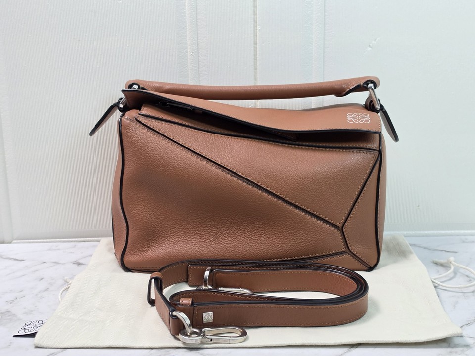 Authentic Loewe Puzzle Small Tan Leather Top Handle Crossbody Shoulder Bag
