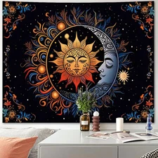 Hippie Tapestry Wall Hanging for Bedroom Aesthetic, Sun and Moon Mystic Floral..