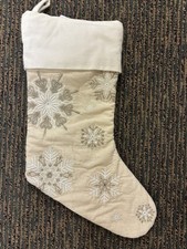 NEW Pottery Barn LIT Embellished Metallic Snowflakes Stocking Cotton Linen NWT