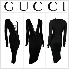 GUCCI by TOM FORD F/W 2002 Sexy Black Plunging Deep-V-Neck Dress Size 40 VINTAGE