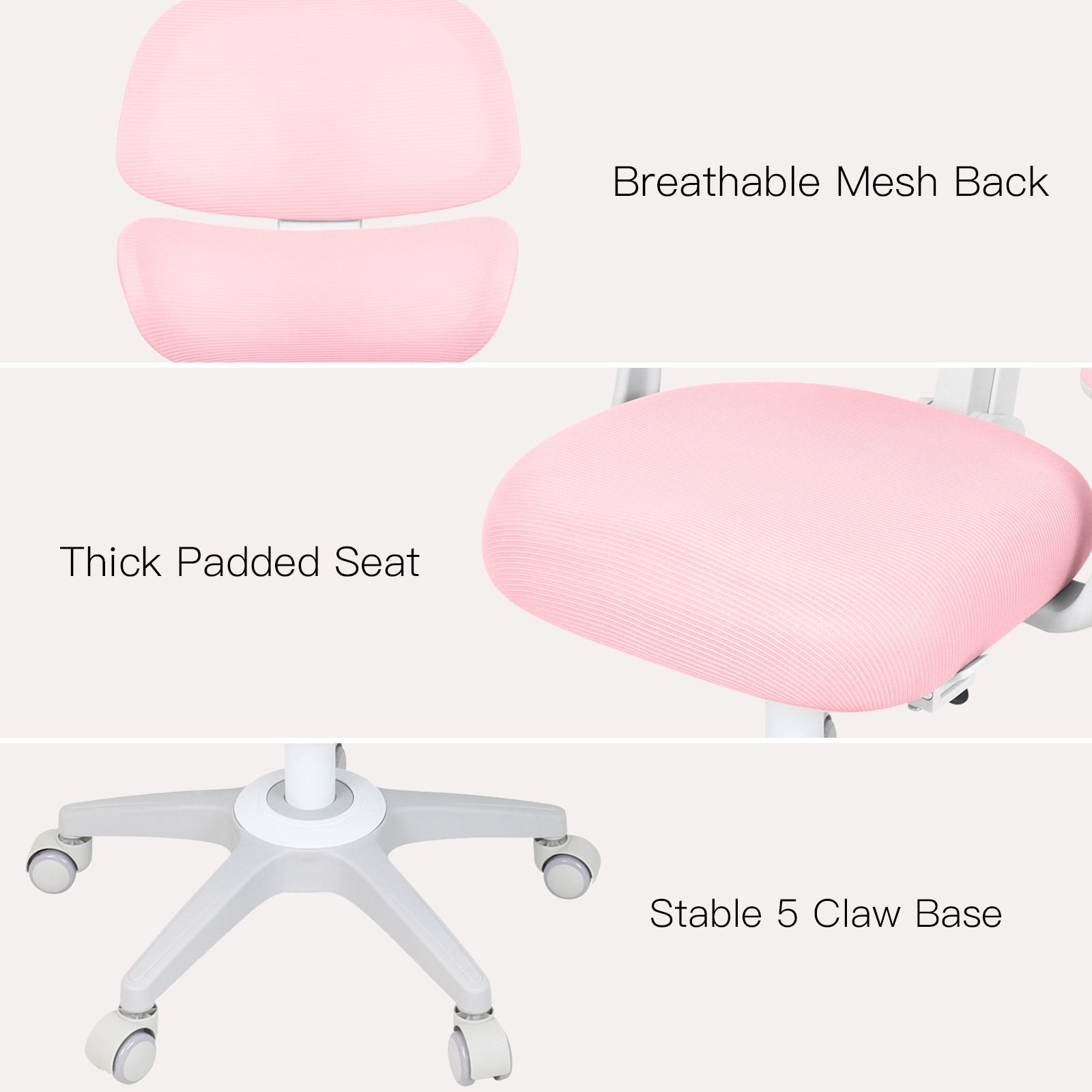 Gray/Pink Kids Study Chair Computer Chair Back-Following,Sit-Locking,360°Casters